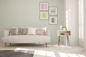 White stylish minimalist room with sofa. Scandinavian interior design. 3D illustration