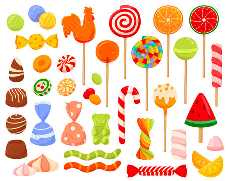 Large set of colorful candy and sweets icons with lollipops, chocolates candy canes and assorted shapes of boiled or jelly sweets, colored vector illustration on white