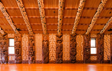 Interior of Maori meeting house in Waitangi, New Zealand