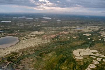 Aerial view of Timan tundra in Barents Sea coastal area, Russia