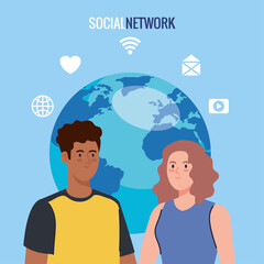 social network, young couple with social media icons vector illustration design