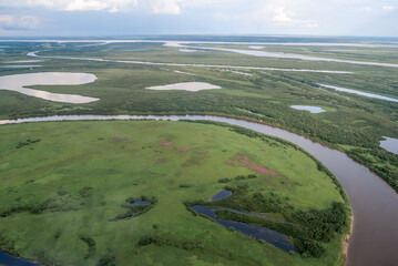Naklejka premium Aerial view of Timan tundra in Barents Sea coastal area, Russia