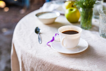 coffee and breakfast on the table outdoor tea party, coffee break outdoor food background top view copy space for text organic healthy eating