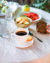 coffee and breakfast on the table outdoor tea party, coffee break outdoor food background top view copy space for text organic healthy eating