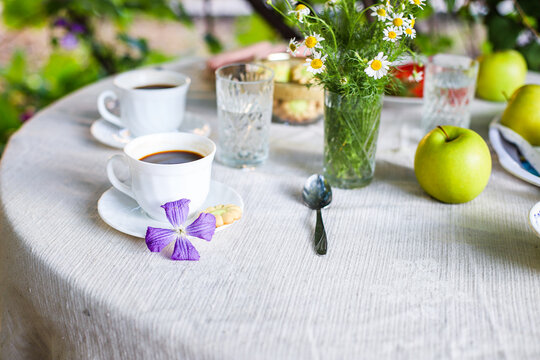 Coffee And Breakfast On The Table Outdoor Tea Party, Coffee Break Outdoor Food Background Top View Copy Space For Text Organic Healthy Eating