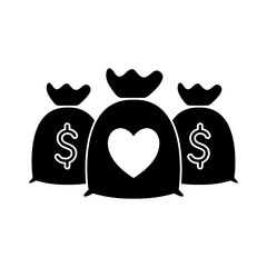 money bags with heart silhouette style icon design of Charity and donation theme Vector illustration