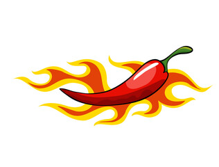 Hand drawn chili pepper. Super hot red chilli pepper in fire. Chili pepper in flame on white background. Natural healthy food. Spicy ingredient