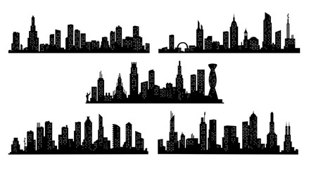 Collection of city silhouettes. Modern urban landscape. Cityscape buildings silhouette on transparent background. City skyline with windows in a flat style