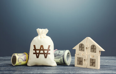 South korean won money bag and puzzle house. Mortgage loan on purchase, building maintenance and...