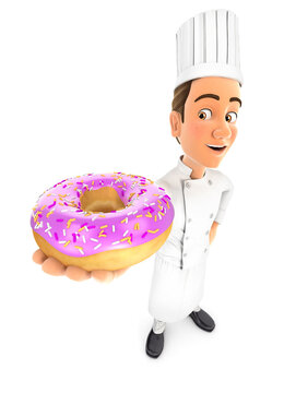3d head chef standing and holding pink donut