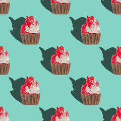 Seamless pattern big cupcakes silhouettes, muffin sweet white cake on turquoise background painted with gouache. Texture with sweets for desktop wallpaper or culinary blog website. junk food concept