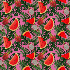 Modern seamless pattern with dragon fruit, watermelon, tropical leaves on pink background Summer vibes. Hand painted botanical illustration for textiles, packaging, fabrics