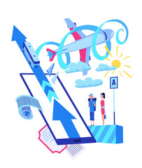 Online booking for airplane or bus. Purchase concept. Template screen phone tracking urban transport. Schedule public tram, trolley smartphone interface. Buying or booking online ticket