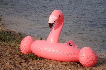 Giant inflatable pink flamingo float toy on sandy beach of river, summer vacation concept