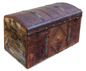Antique wooden trunk with metal casings, isolated on white backgroung, with work path