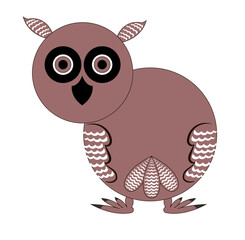 Animal owl brown color is flat, in the form of a circle, it is turned backwards. Drawing isolated on white background. Stock vector illustration.