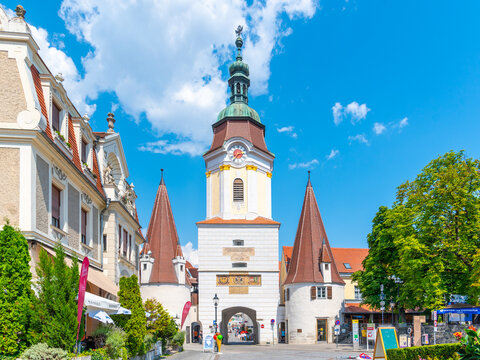 KREMS AN DER DONAU, AUSTRIA - JULY 01, 2019: Steiner Gate, German: Steinertor. Baroque entrance gate of Krems an der Donau city in Wachau Valley, Austria