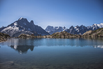 French alps Chamonix Mont Blanc blue lake on the top of the mountain