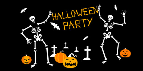 HALLOWEEN poster. Halloween party. Dancing skeletons. Bat, pumpkin, spider, graves.