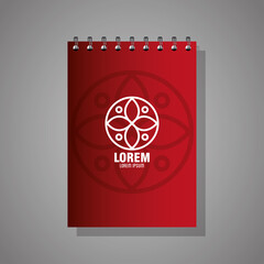 corporate identity brand mockup, notebook red mockup with white sign vector illustration design