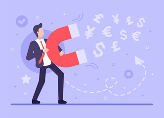 Business profit concept. A vector flat businessman stands with a huge magnet in his hands and attracts a large number of various world currencies. Web banner on websites and smartphones. EPS 10.