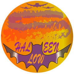 Halloween lettering with bats, a round moon and clouds.