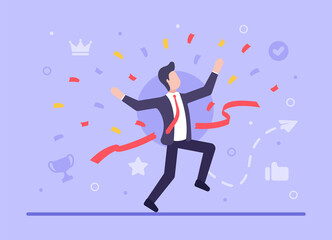Fototapeta na wymiar Business success concept. Vector flat businessman runs and breaks the red ribbon. A large amount of candy as a sign of victory and profit. Web banner on websites and smartphones. EPS 10.