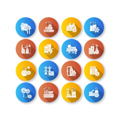 Energy industry flat design long shadow glyph icons set. Electricity manufacturing technologies and modern facilities. Different power generation plants. Silhouette RGB color illustrations