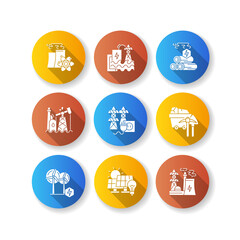 Energy business flat design long shadow glyph icons set. Modern industrial power plants. Traditional and alternative electricity generation stations. Silhouette RGB color illustrations