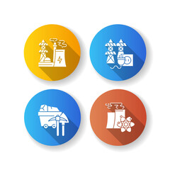 Energy manufacturing flat design long shadow glyph icons set. Electric power station, nuclear reactor and coal mining plant. Electricity industry. Silhouette RGB color illustrations