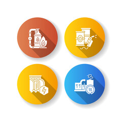 Power manufacturing flat design long shadow glyph icons set. Natural gas extraction, petroleum refinery, hydroelectric dam and heat recovery system. Silhouette RGB color illustrations