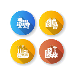 Alternative energy flat design long shadow glyph icons set. Solar panels, geothermal power plant, hydroelectric station and biofuel. Renewable energy. Silhouette RGB color illustrations