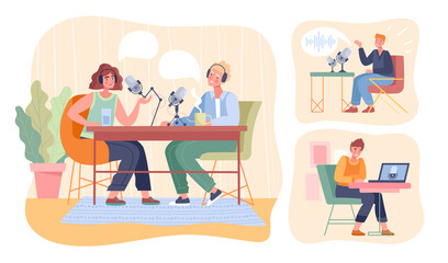 Assorted scenes of people recording a podcast with a couple working together and individual man and woman, colored vector illustration