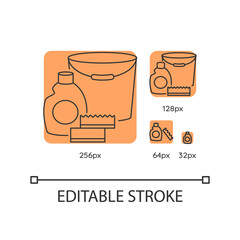 Cleaning supplies orange linear icons set. Detergent for sanitation. Disinfectant in bottle. Thin line customizable 256, 128, 64 and 32 px vector illustrations. Contour symbols. Editable stroke
