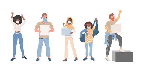 Group of people protesting vector flat illustration. Young men and women holding empty placards and protesting. Social movement against inequality, demonstration, protest, activism, voting concept.