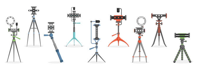 Professional photo equipment isolated on white background. Set of vector flat illustrations of monopods, tripods, and selfie sticks for cameras, smartphones, and self portraits.