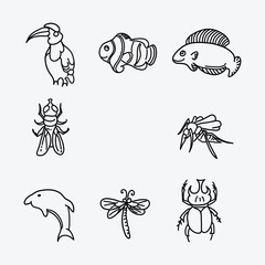 Animal vector doodle icons set. Drawing sketch illustration hand drawn line eps10