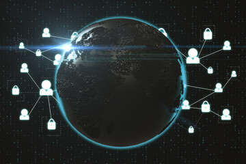 Digitall screen with blue earth globe and communication icons