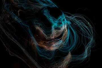 light painting  erotic portrait, light drawing at long exposure, abstract colorful background 
