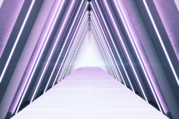 Purple interior with abstract luminous triangle corridor.