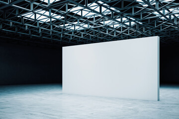 Minimalistic showroom with metal structure on ceiling and blank white exhibition stand.