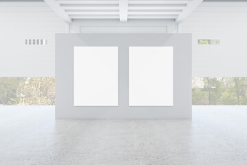 Modern exhibition interior with two empty posters on wall