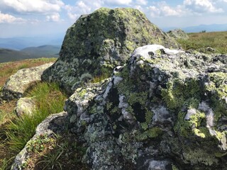 Mountain rocks with quartz crystals and lichen