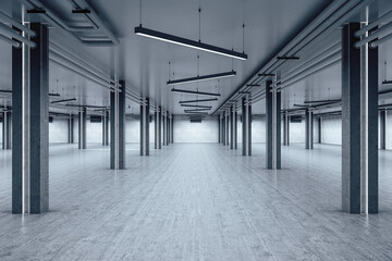 Minimalistic warehouse interior with brick wall and columns.