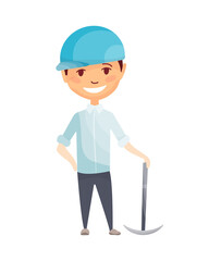 Kid builder. Little worker in helmet. Children with cpickaxe, making job. Working builder in blue helmet. Funny kid ready for repair work