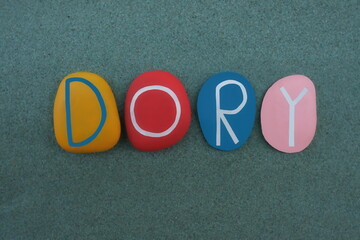 Dory, female name composed with  creative handmade multicolored stone letters