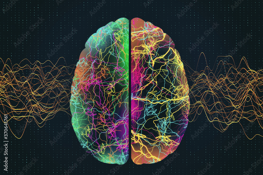 Poster Abstract glowing polygonal brain with color lines