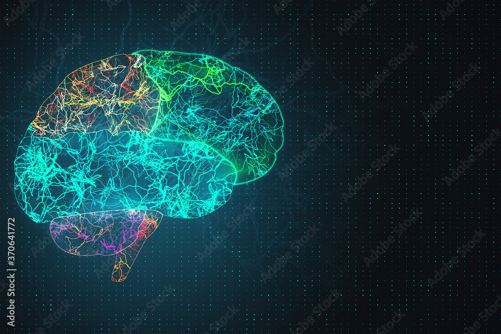 Poster abstract brain outline sketch on dark background.