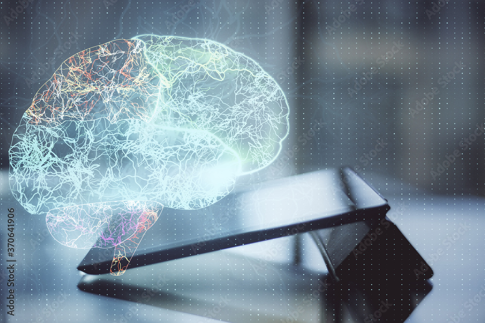 Poster Digital tablet with glowing brain and lines hologram.