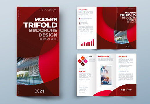 Dark Red Trifold Brochure Layout with Circles